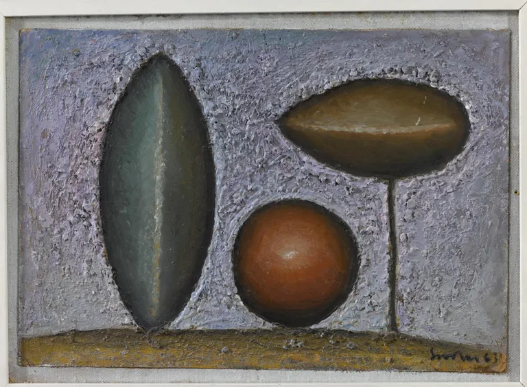 Ülo Sooster «Kadakad sirelilillal foonil», 1963. Õli, papp. Eesti Kunstimuuseum.