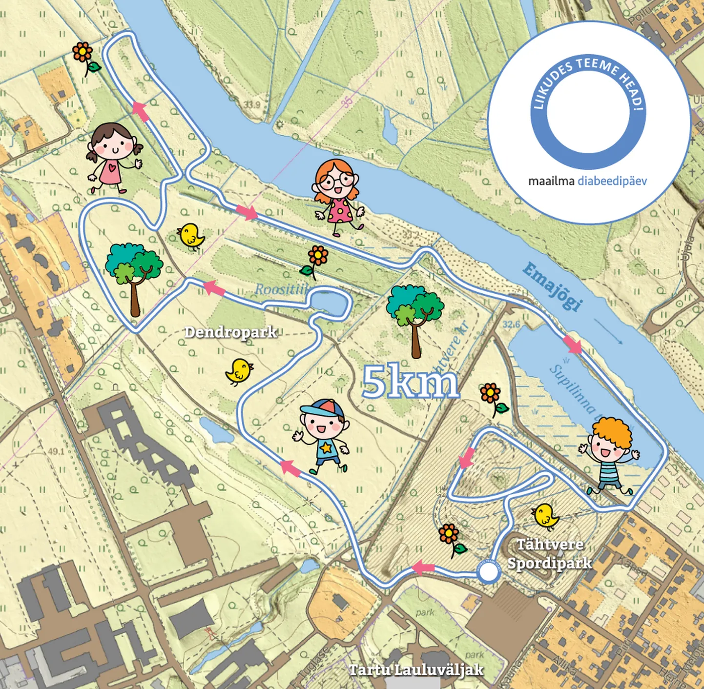 Diabeedipäeva logo on sinine diabeedirõngas, mis sümboliseerib kogu maailma ühtset võitlust diabeedi vastu, ja just selle logoga on viiekilomeetrine jooksuring Tartu tänavail ja parkides tähistatud.