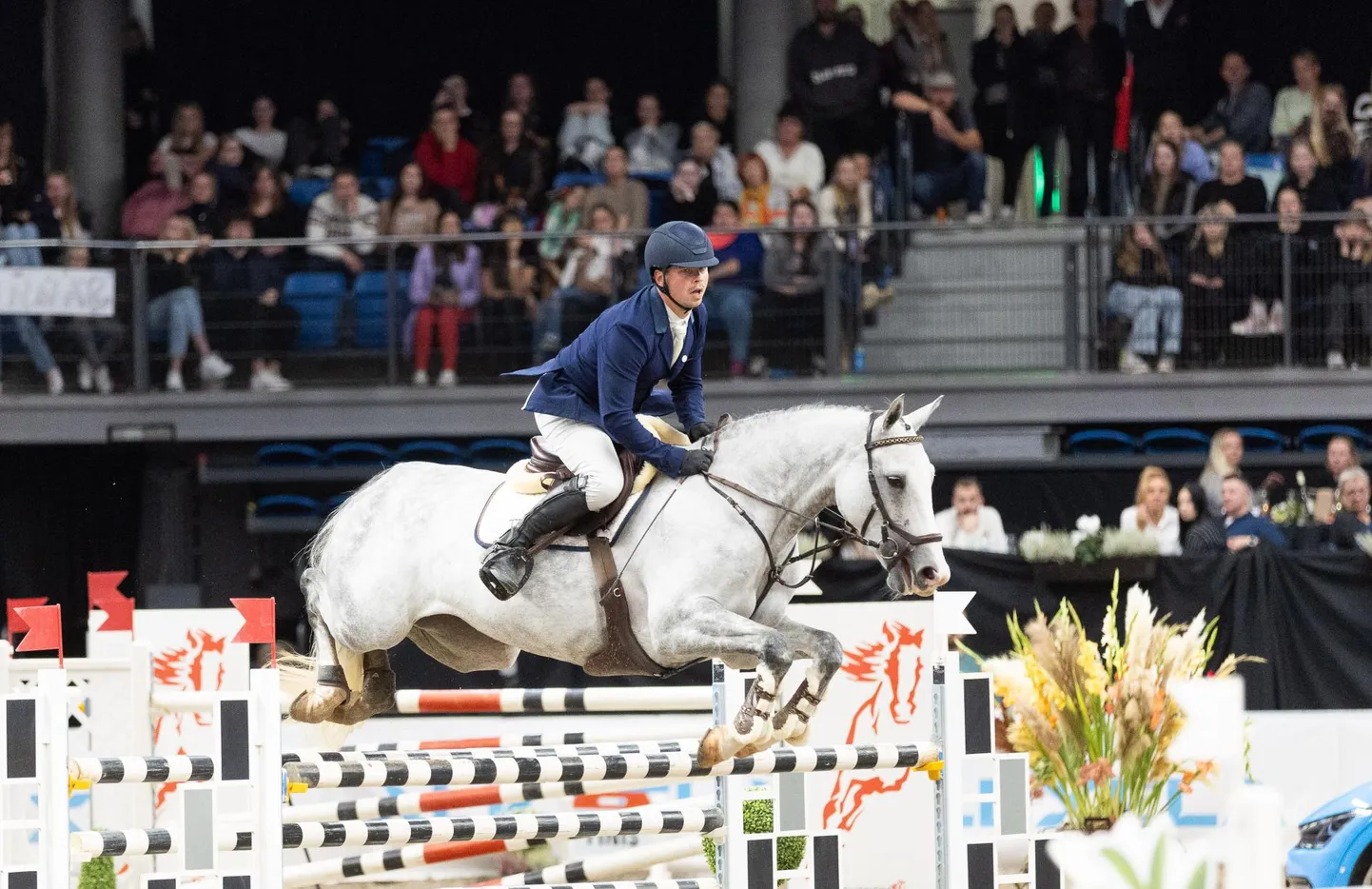 Renek Rosenberg ja Ciorana ületamas tõket Tallinna Horse Show’ maailmakarikaetapil.