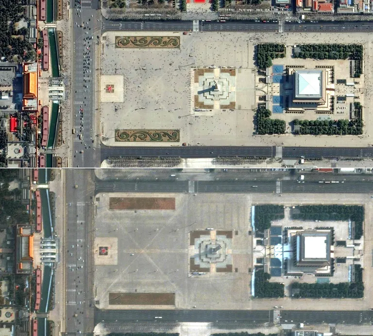 Tiananmeni väljak enne (ülemine pilt) ja pärast (alumine pilt) pärast uue koroonaviiruse puhangut.