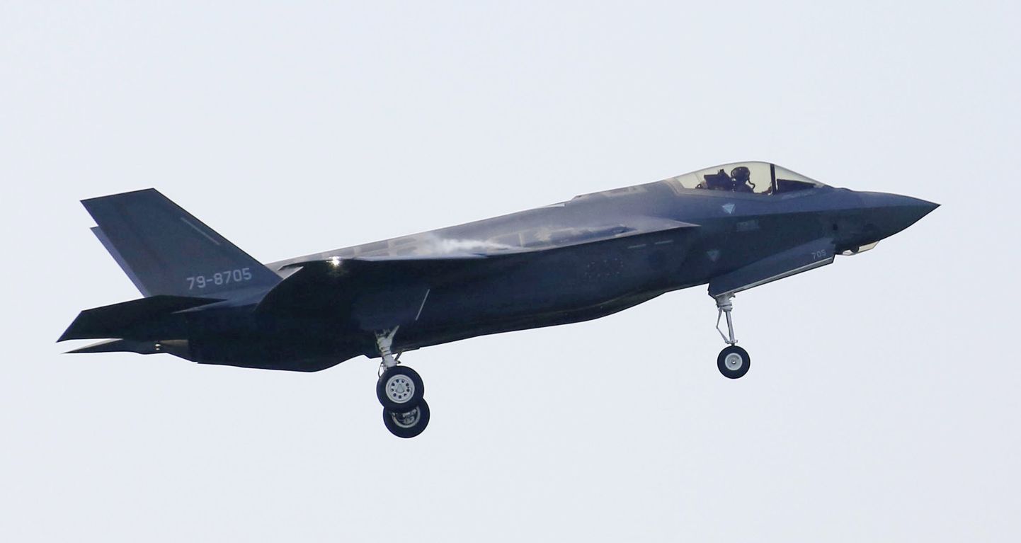 This May 28, 2018, photo shows Japan Air Self-Defense Force's F-35A stealth jet in Misawa Air Base in Misawa, Aomori. The Japanese air force F-35 stealth fighter crashed into the Pacific Ocean during a night training flight and parts of the jet were recovered, the defense ministry said Wednesday.(Kyodo News via AP)