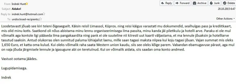 Kuvatõmmis abipalvest, mis häkker saatis mehe kontaktidele.