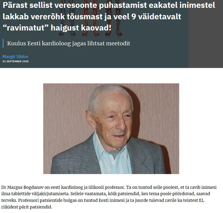 Imelist tervenemist lubavat ühendit ülistatakse saidil Meditsiiniline ajaleht, mil pole mitte mingisugust muud infot ega ühtegi kontakti ja iga klikivajutus juhatab vaid ühendit ostma.