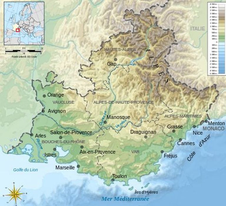 Prantsusmaa kaguosas asuva Provence'i kaart