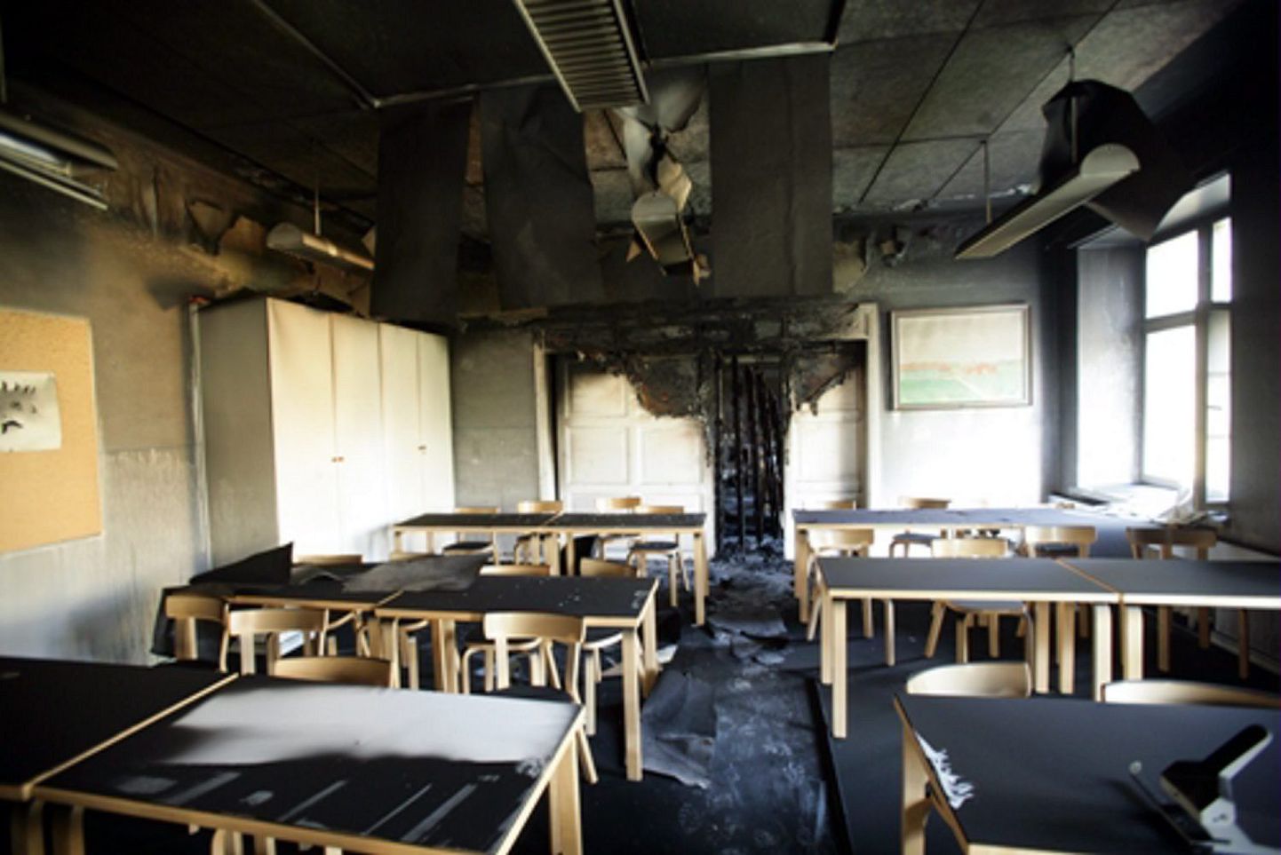 Tulekahjus hävinud klassiruum Kauhajoe kutsekoolis.