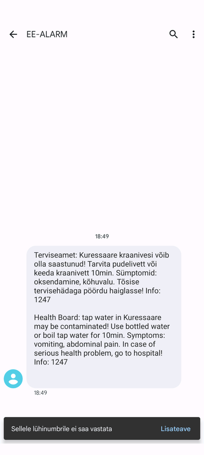 Kell 18.49 esines ametliku teatega terviseamet, kes teatas EE-ALARMi süsteemis, et Kuressaare kraanivesi võib olla saastunud