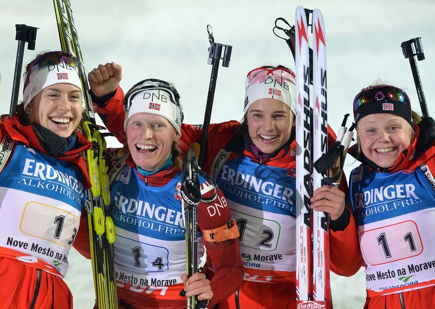 Võidukas Norra nelik (vasakult): Synnøve Solemdal, Tora Berger, Ann Kristin Aafedt Flatland ja Hilde Fenne.