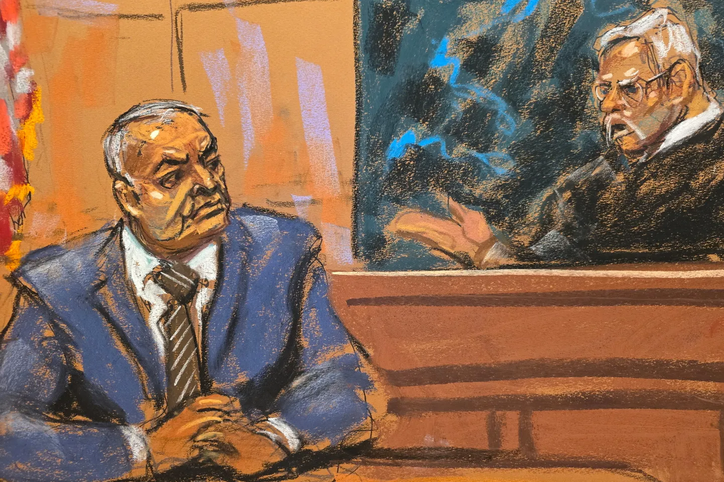 Joonistus. Mehhiko endine julgeolekujuht Genaro García Luna 2024. aastal New Yorgi kohtus.