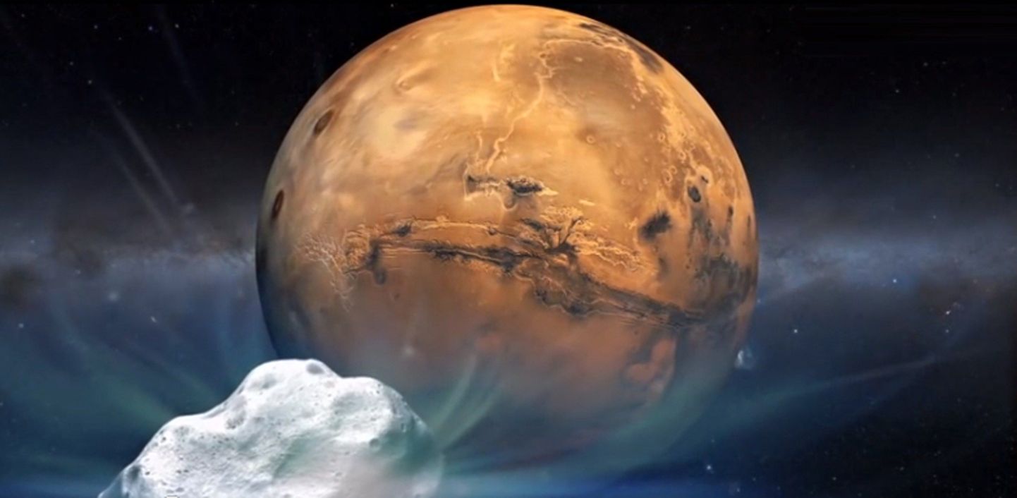 Marsi ümber tiirlev komeet NASA kunstniku kujutuses.