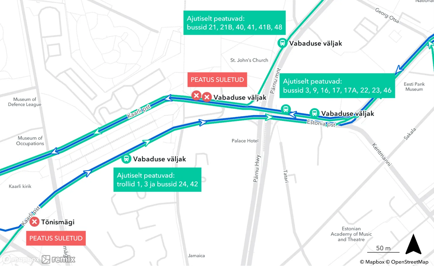 Tõnismäe ja Vabaduse väljaku ajutised peatused.