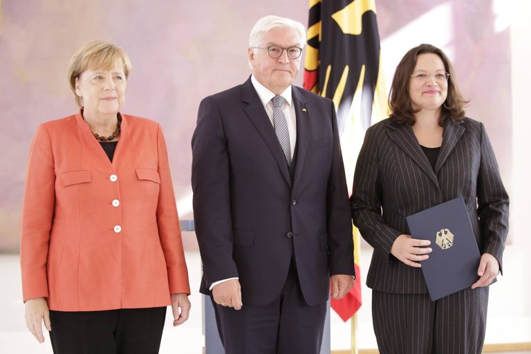Vasakult: Angela Merkel, Frank Walter Steinmeier ja Andrea Nahles.