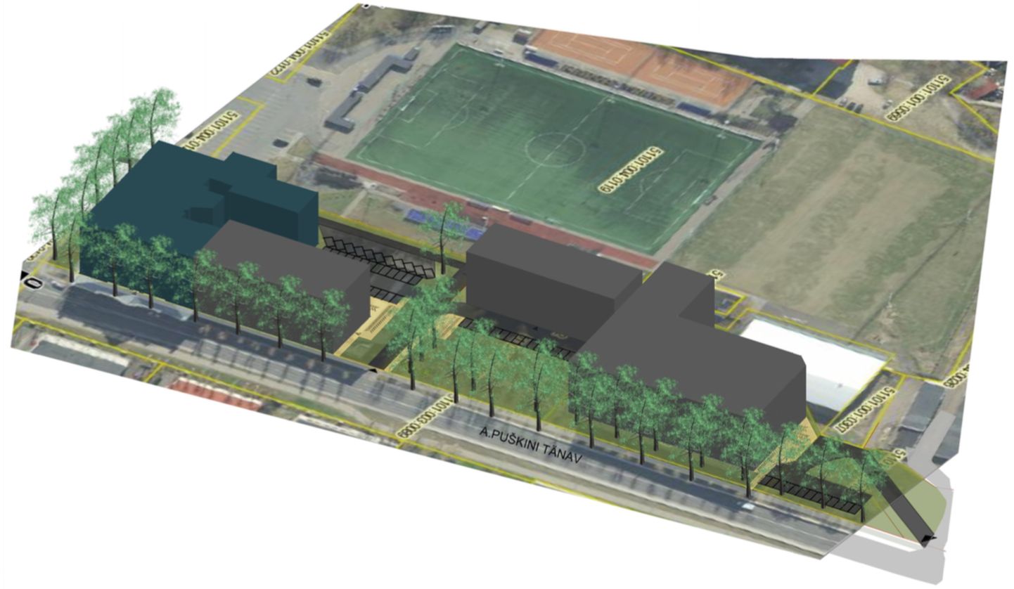 Эскизная иллюстрация планировки территории для строительства госгимназии с ее спортивным зданием и реконструкции существующей Нарвской кесклиннаской гимназии.