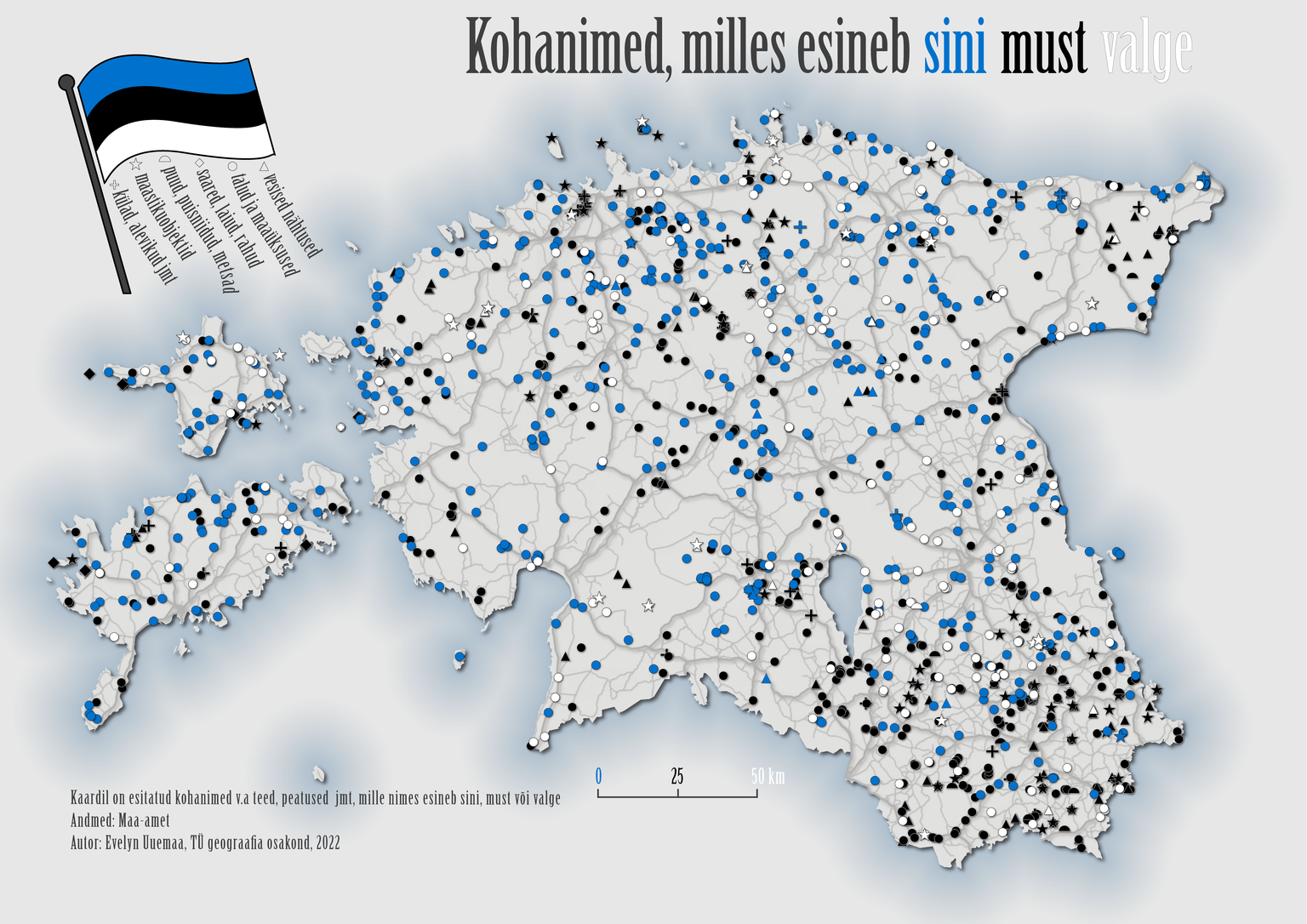 Viguriga kaart: rahvusvärvides Eesti kohanimed