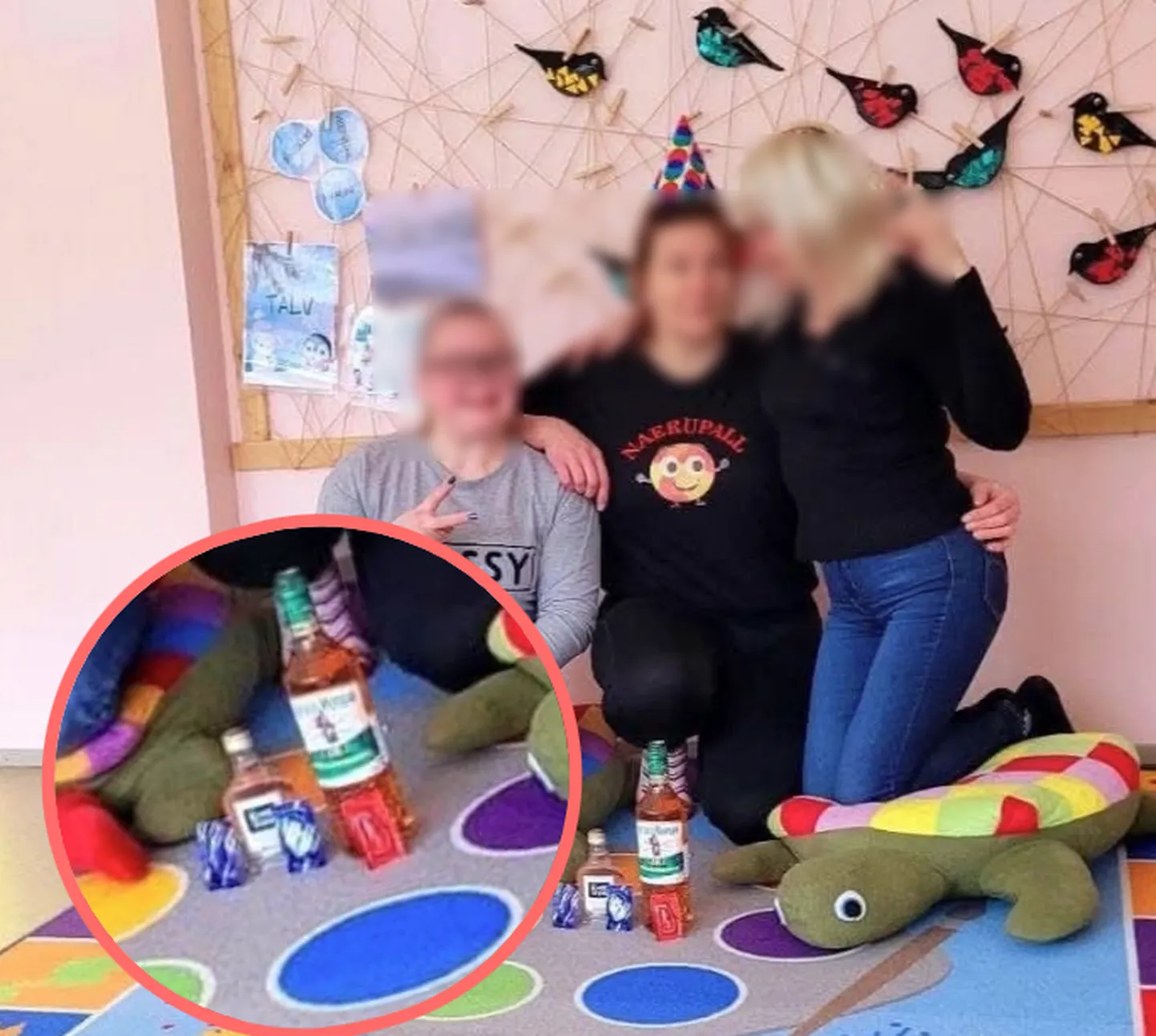 Kanep lasteaia õpetajad alkoholipudelitega.
