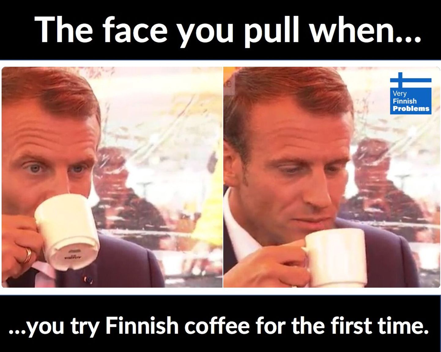 Emmanuel Macron soome kohvi joomas