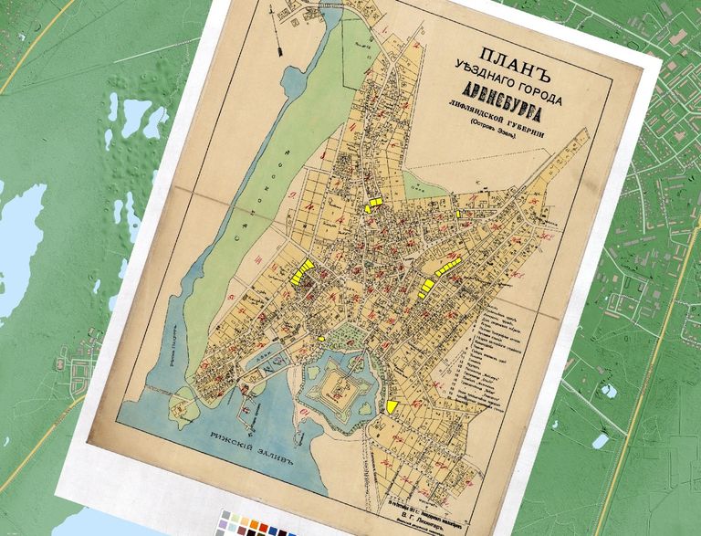 Joonis 4. Kuressaare linn aastal 1911. 19. Sajandi jooksul kujunenud ajaloolised krundid on märgitud kollasega. LVVA.6828.4.525