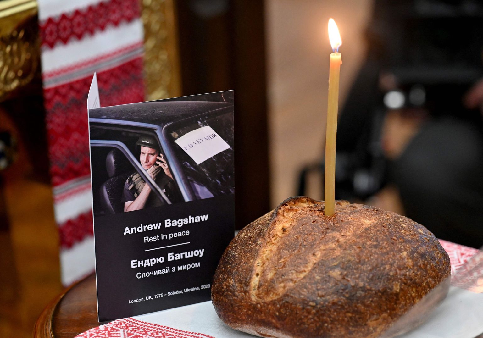 Donetski oblastis hukkunud 47-aastase Briti vabatahtliku töötaja Andrew Bagshaw pilt mälestusteenistuse ajal Kiievi Püha Sofia peakirikus 29. jaanuaril 2023. aastal.