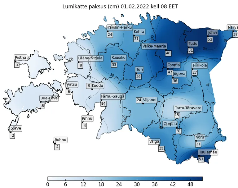 Eesti lumekaart 1. veebruaril 2022. aastal.