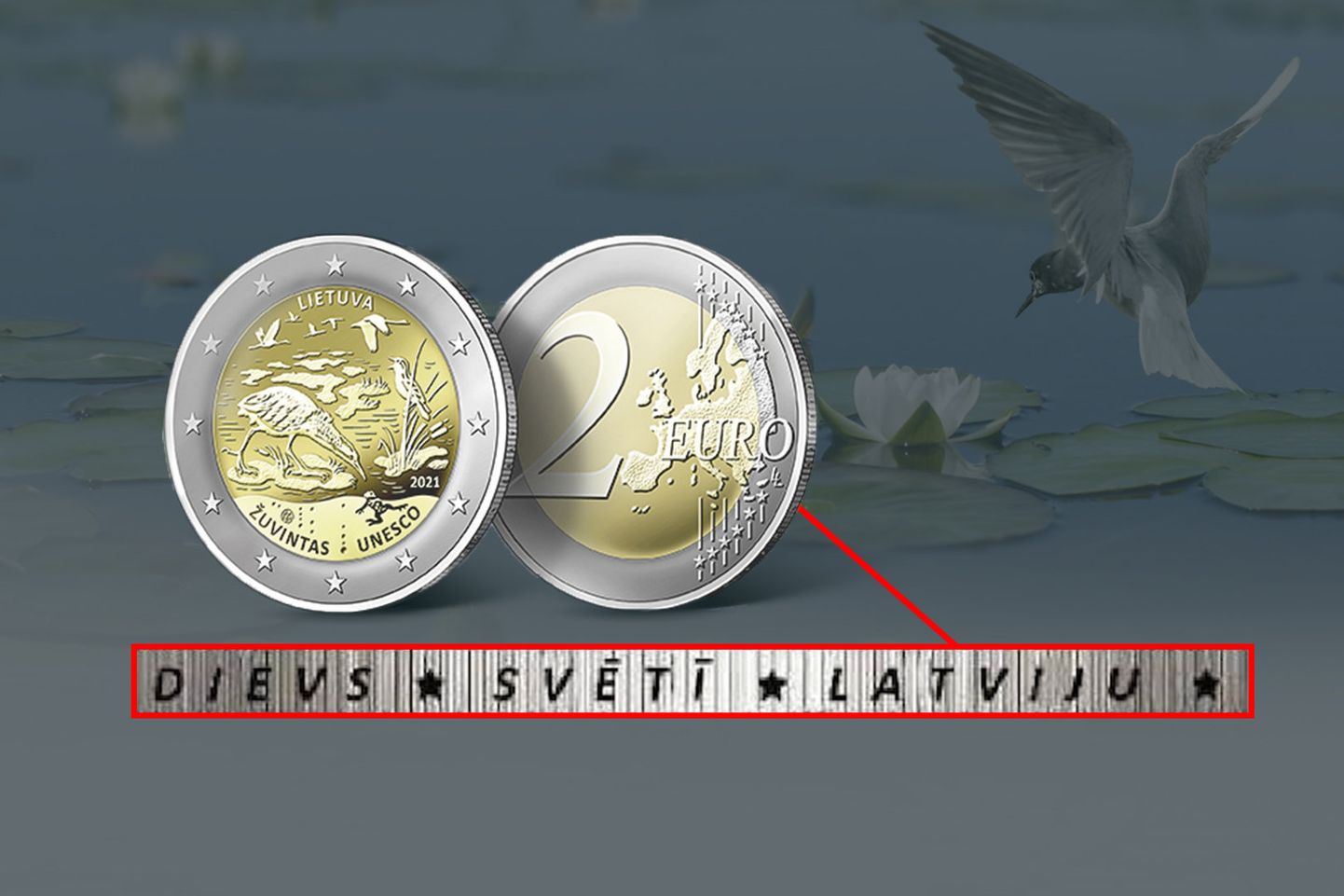 Apgrozībā atrodas reta 2€ monēta ar Latvijas uzrakstiem, kuras vērtība sasniedz 1800€