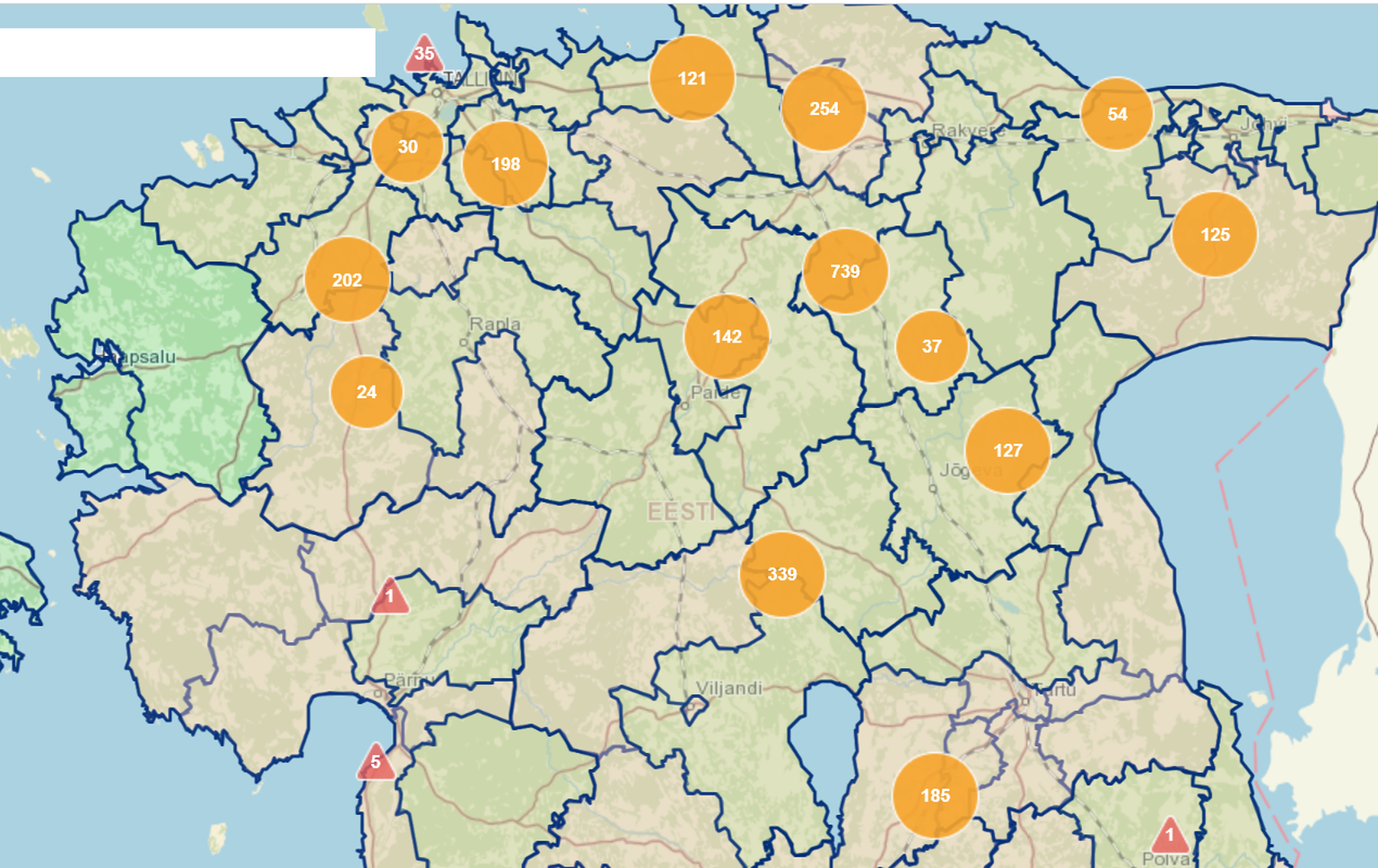 Kollased mullikesed kaardil näitavad, et Lõuna-Eestis on tormikahjustusest tingitud vooluta kliente vähem kui mujal, ent päris puutumata ei jätnud torm ka siinseid kliente.