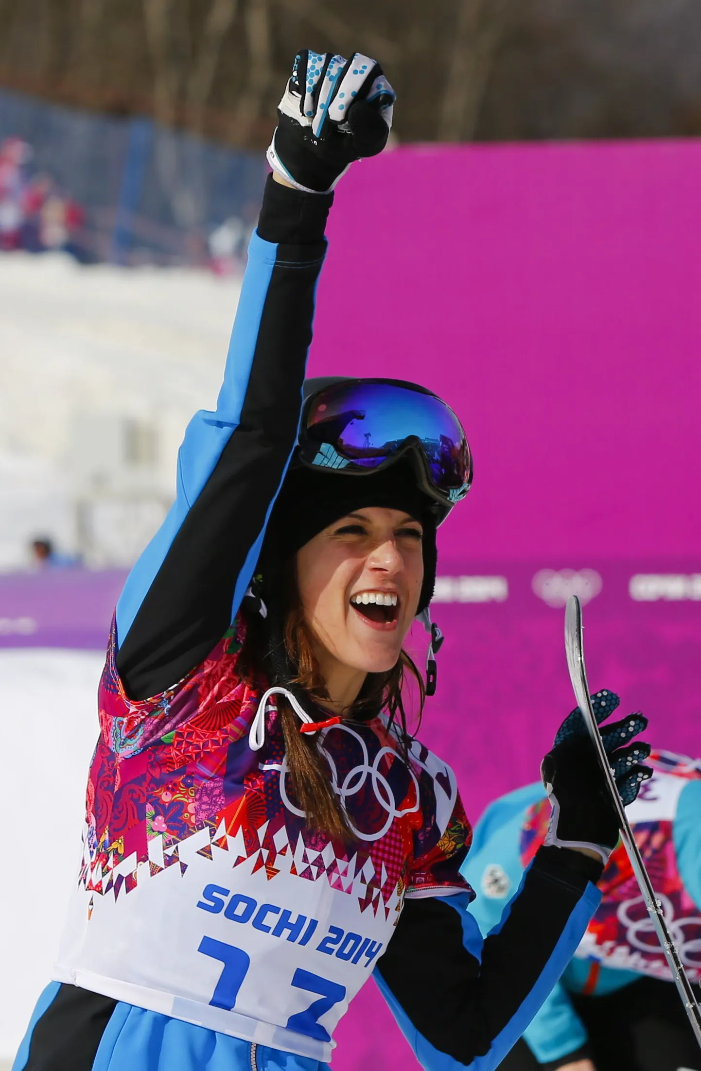 Austria's first placed Julia Dujmovits celebrates after the women's parallel snowboard finals at the 2014 Sochi Winter Olympic Games in Rosa Khutor February 22, 2014.              REUTERS/Lucas Jackson (RUSSIA  - Tags: OLYMPICS SPORT SNOWBOARDING)