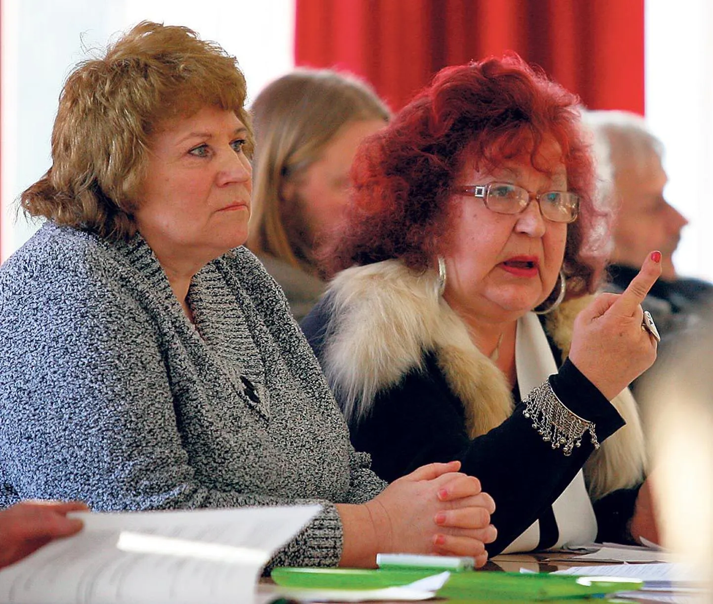 Opositsioonivolinike Anne Seimari (vasakul) ja Inda Orissaare ponnistused ei kandnud vilja. Eelnõu poolt hääletas 11, vastu 3 ja erapooletud olid 2 volinikku.