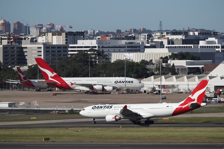 Lennufirma Qantas lennukid Austraalia Sydney Kingsford Smithi rahvusvahelise lennujaama lennuväljal.