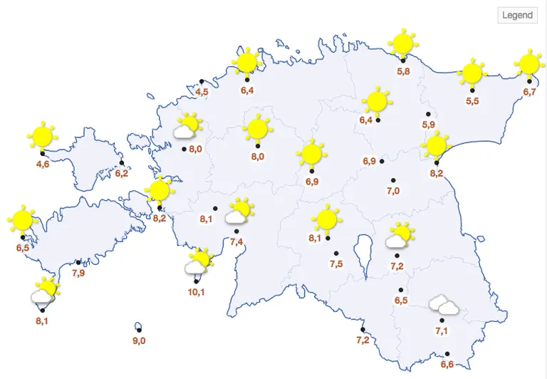 Õhutemperatuurid Eestis 8. mail 2017. aastal.