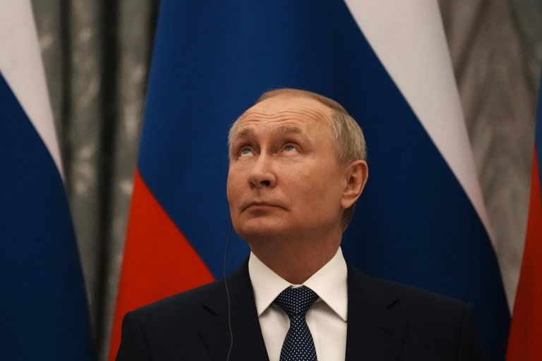 Venemaa president Vladimir Putin 7. veebruaril 2022 Moskvas Kremlis ühisel pressikonverentsil Prantsuse presidendi Emmanuel Macroniga